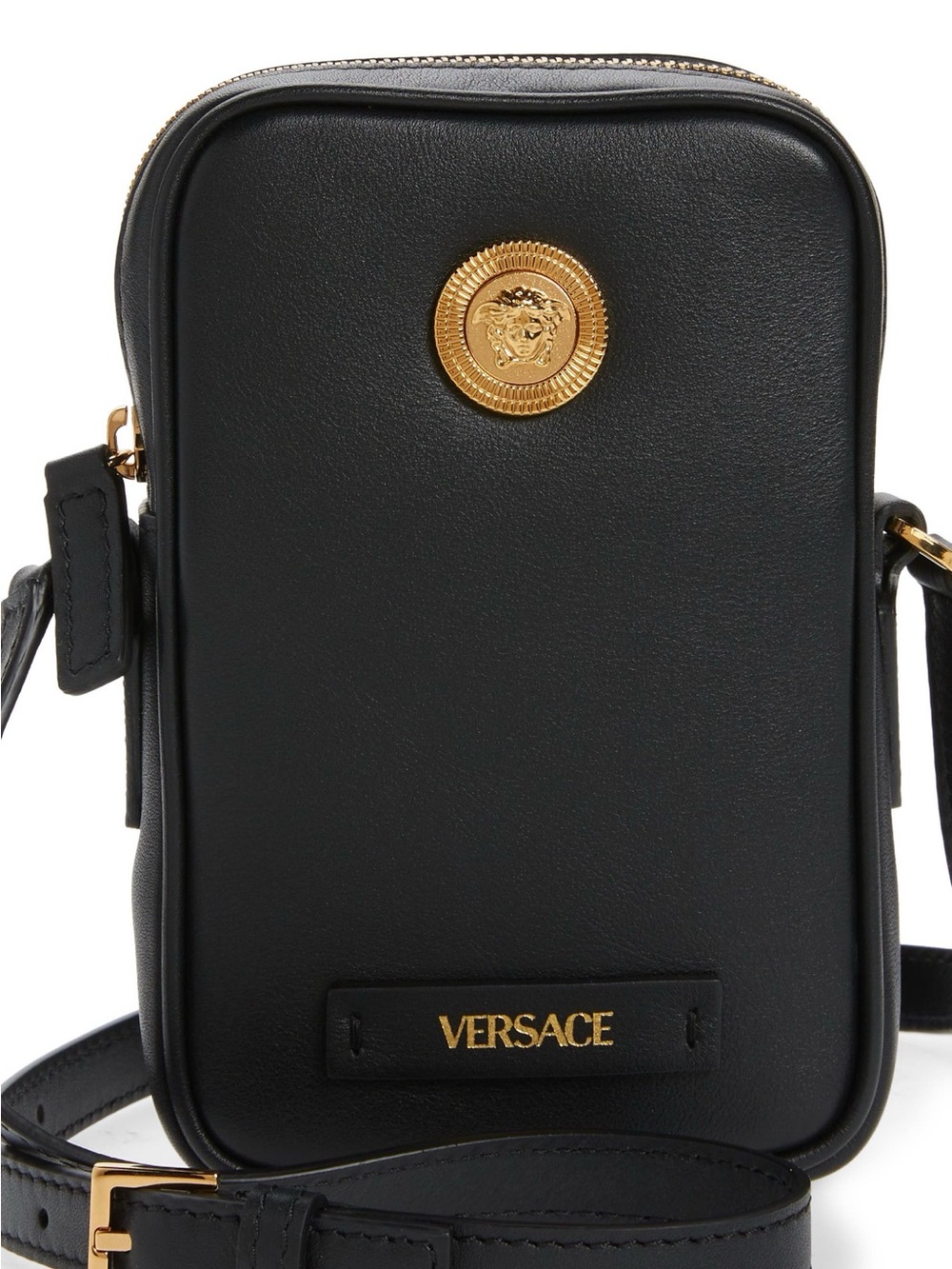 Versace Black Leather Mini Crossbody with Gold Medallion